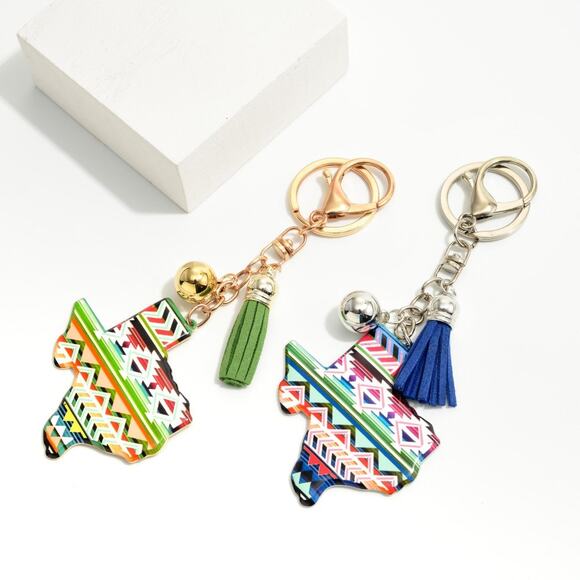 Green Yellow Aztec Southwestern State of Texas Tassel Keychain Bag Charm - Picture 3 of 3